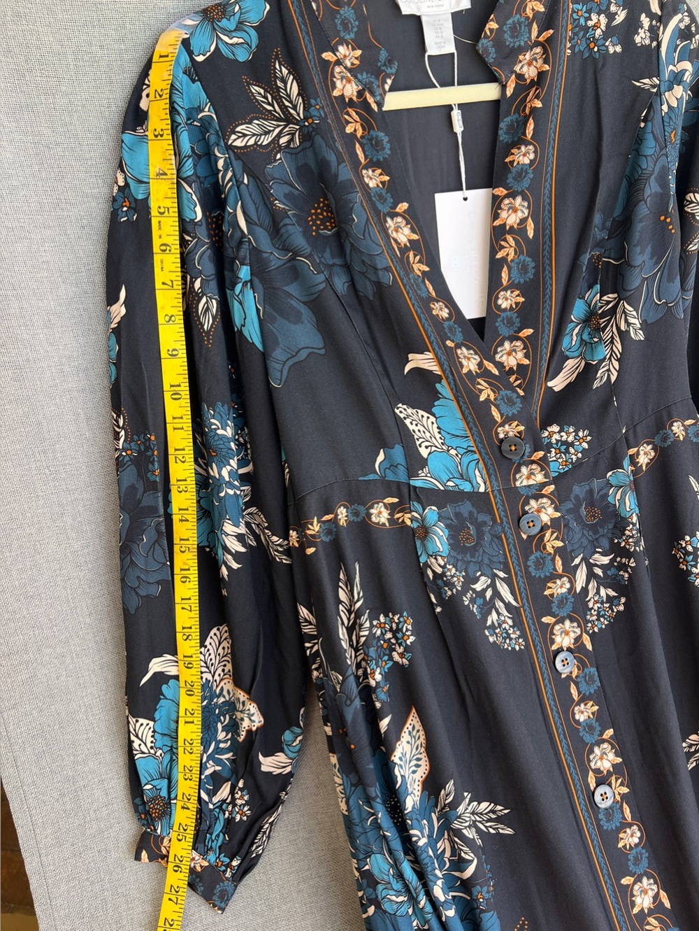 Caroline Constas rayon floral boho long sleeve button down MIDI dress navy - Picture 12 of 16
